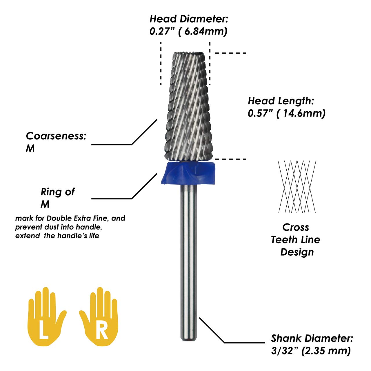 C & I 5 in 1 Multi-function Tapered Shape Nail Drill, Cross Teeth Edition, Professional Drill Bit for Nail Manicure Machine (Middle - M)