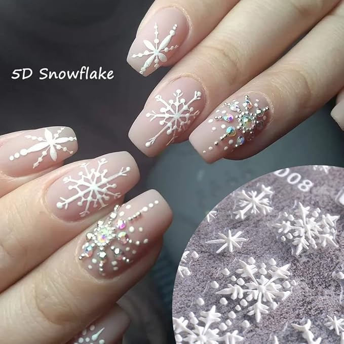 Snowflake Nail Art Sticker Decals Christmas 5D Embossed French White Snowflake Nail Art Accessories Self-adhesive Nail Art Supplies Decoration Snowflakes Lattice Elk Classic Autumn Winter Acrylic Nails Design, 8 Sheets (Snowflakes)