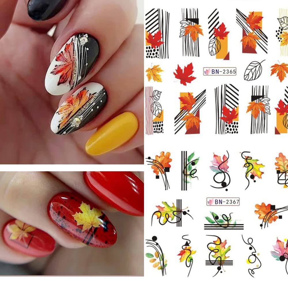 Fall Nail Art Stickers Autumn Nail Water Decals Maple Leaf Pumpkin Small Animals Thanksgiving Nail Stickers Water Transfer Foil Designs Nail Decals for Women Girls DIY Nail Decorations (12 Sheets)