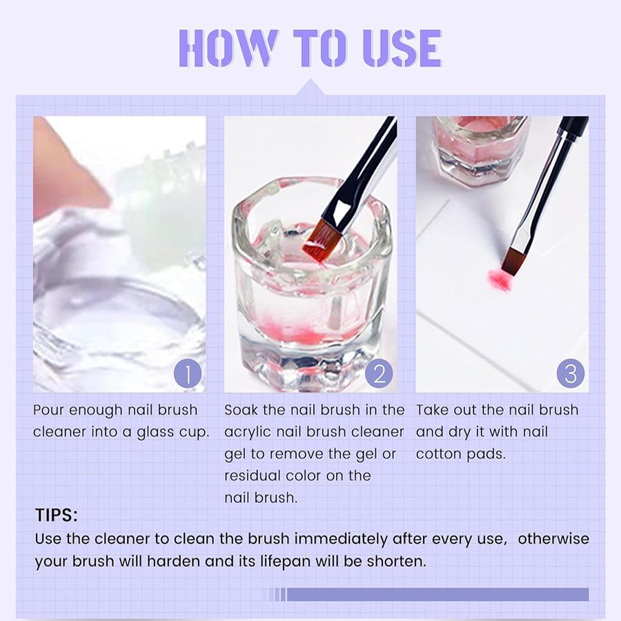 Nail Brush Cleaner Brush Cleaner 8fl.oz 240ml Remover Cleanser Clean and Care Acrylic Nail Brushes Gel Nail Polish Brushes Nail Brushes 50 cotton flakes crystal glass Nail Tech Supplies