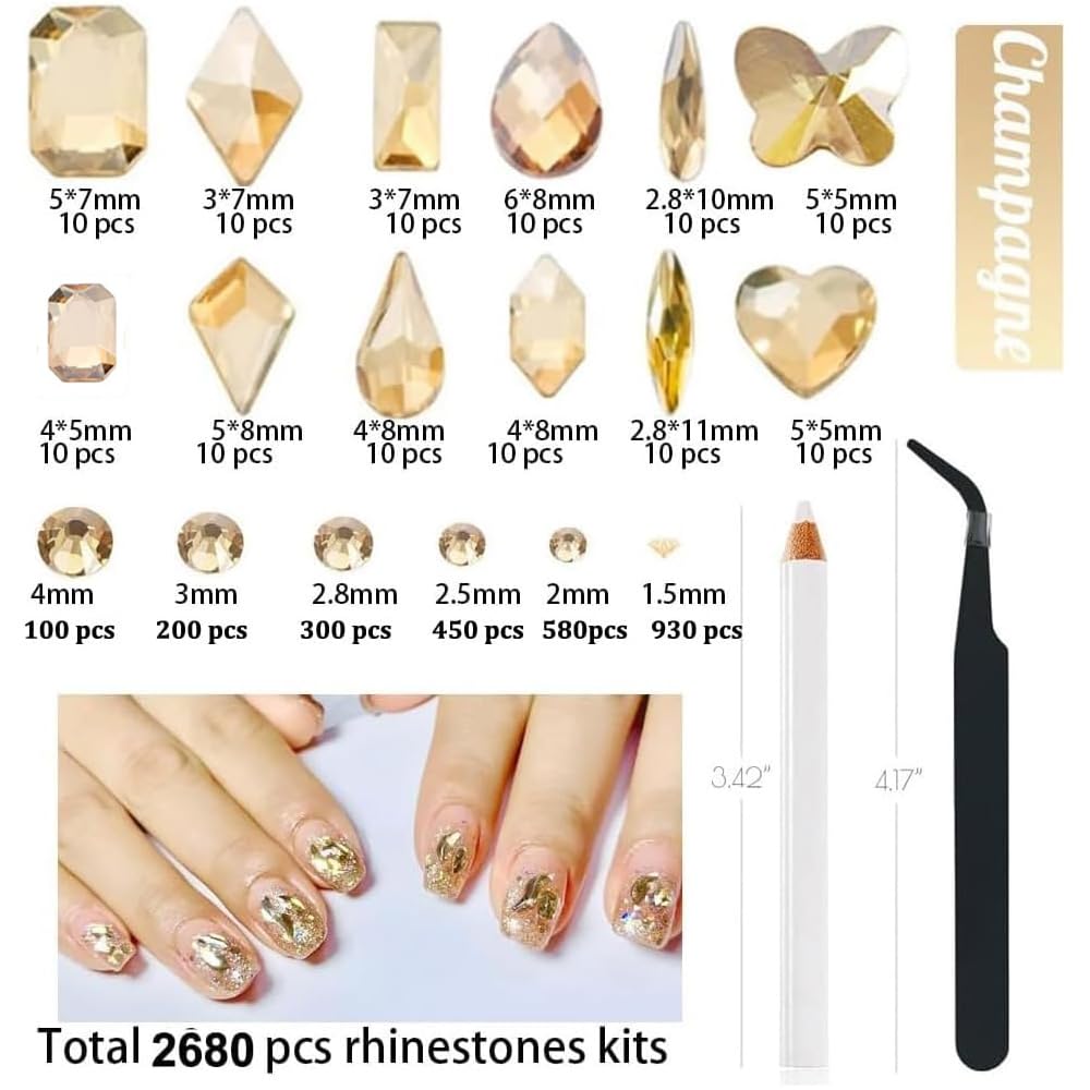 2680Pcs Champagne Gold Nails Rhinestones, 120Pcs Big Golden Nail Charms, Diamond Gems Stones with K9 Bling Flatback Round Beads, Clear Glass Crystal Jewelry for Nails Faces Eyes Makeup Decoration