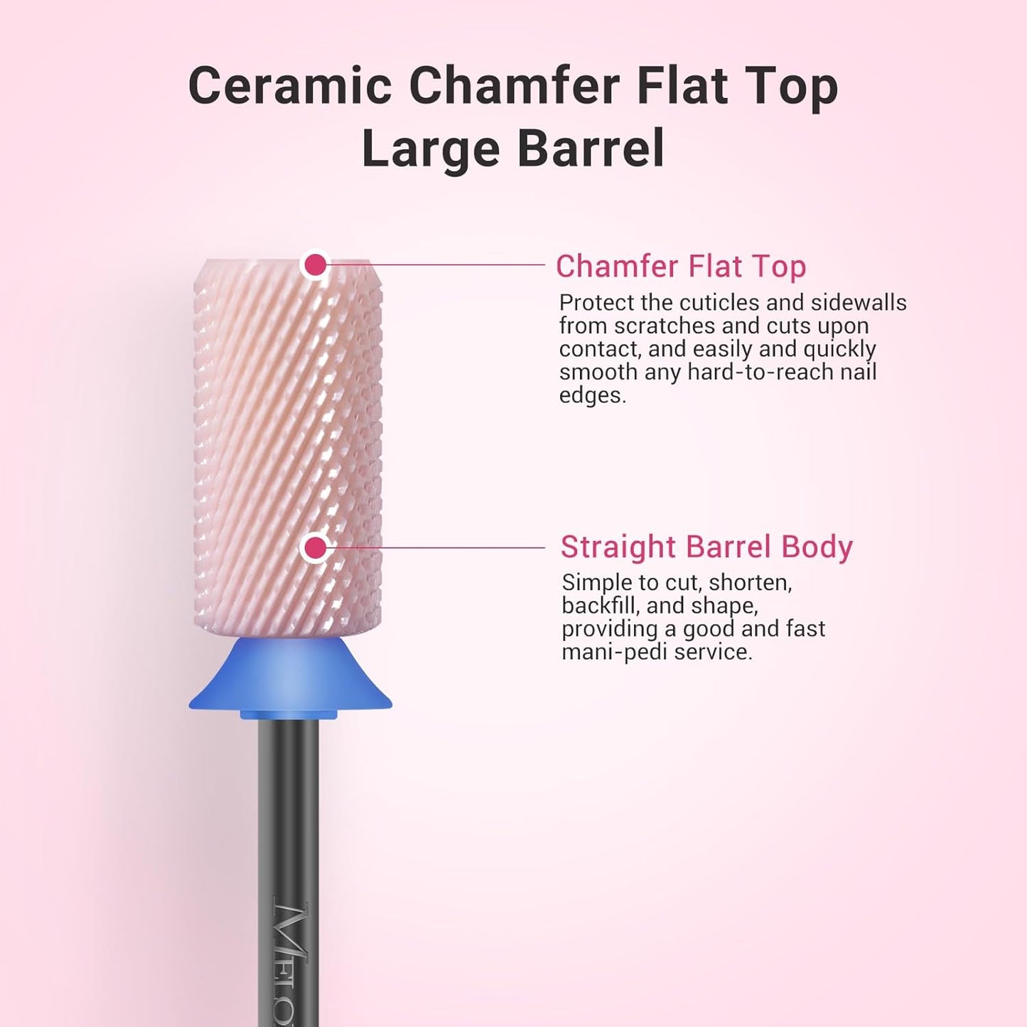 MelodySusie Ceramic Nail Drill Bits, 3/32'' Chamfer Flat Top Large Barrel Bits, Fast Remove Acrylic or Hard Gel, Nail Tool for Manicure Pedicure, Salon Home, Professional or Beginner, Pink, Medium