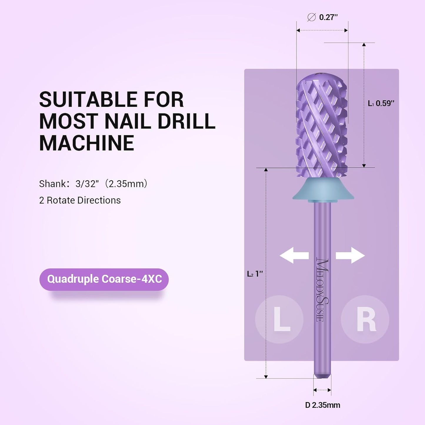 MelodySusie Safety Nail Drill Bits, 3/32'' Smooth Round Top Large Barrel Carbide Bits, Suitable for Manicure Pedicure Cuticle Gel Polishing, Beginners Bits, Purple, Series Bit-S, 4XC