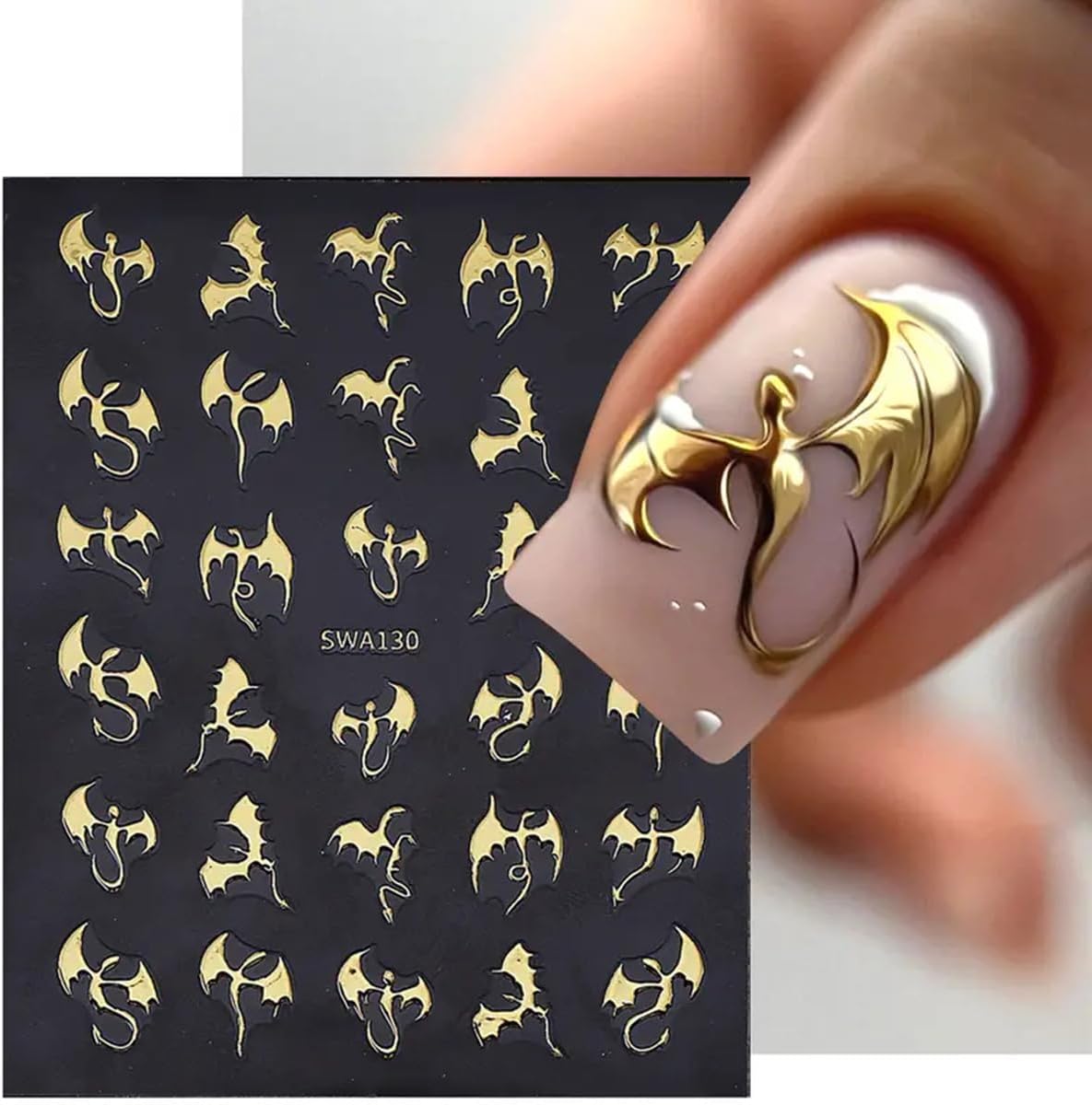Dragon Nail Art Stickers 3D Metallic Flying Devil Bat Halloween Nail Decals 6PCS Golden Silvery Holographic Y2k Dragon Nail Stickers Sweet Punk Style DIY Halloween Nail Art Salon Decorations Supplies