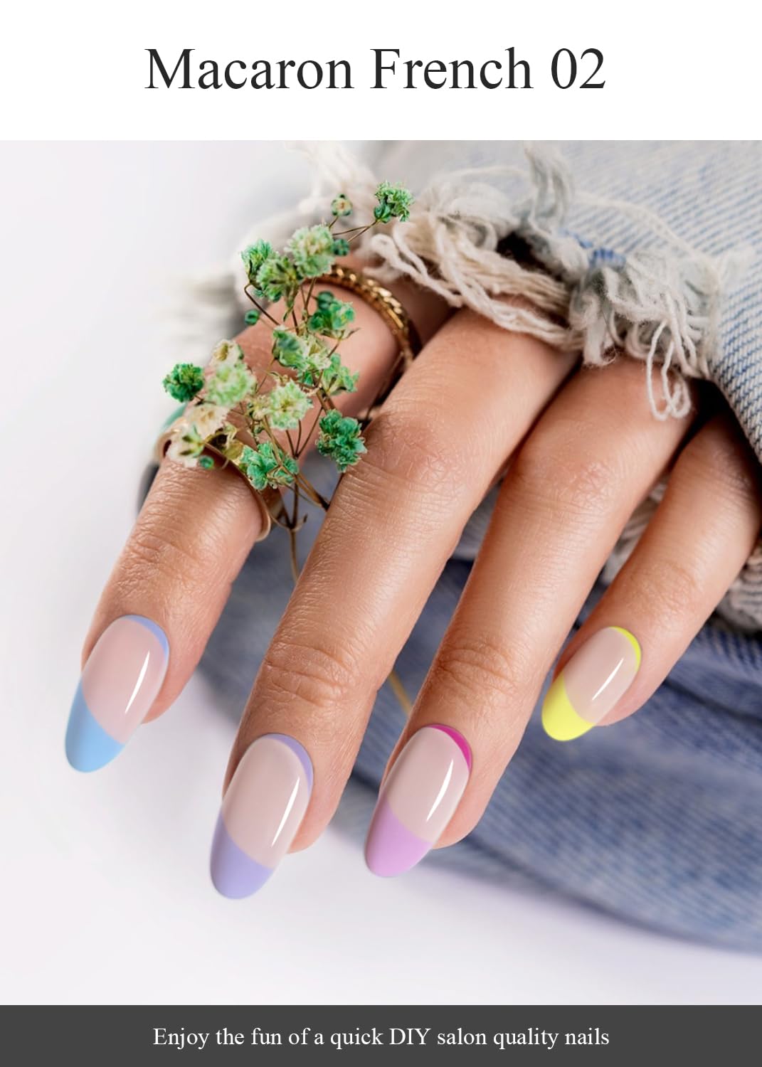 Semi Cured Gel Nail Strips (Macaron French 02), 20 Pcs Gel Nail Wraps, Stickers, UV Light Required, Salon Quality, Long Lasting
