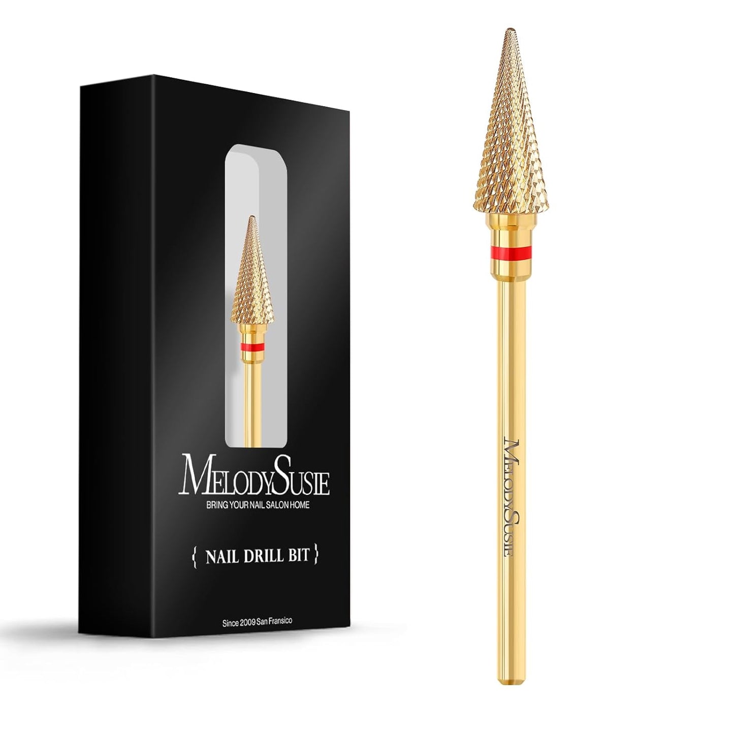 MelodySusie Professional Tapered Nib Nail Drill Bit, 3/32'' Carbide Tungsten Multi-function Bit, Suitable for Manicure Pedicure Cuticle Gel Polishing, Technicians Bit, Gold, Series Bit-M, Fine