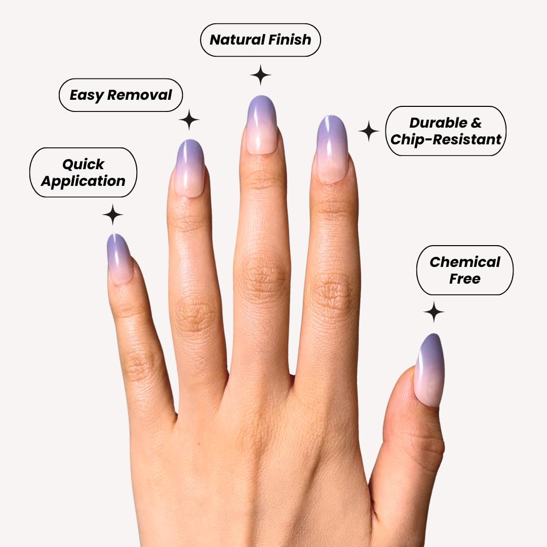 Perfect Look Press On Nails - Lavender Mist | No Glue One-Day Short Oval Nails, Nude to Purple Ombre Glossy Nails - 24 Pcs Nail Kit with Adhesive Tabs