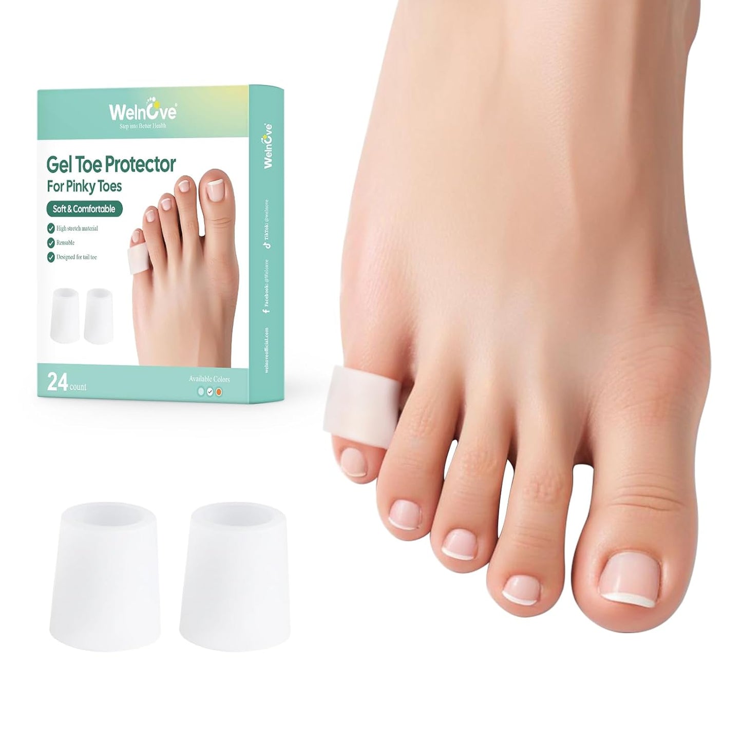 Welnove Silicone Toe Protectors – Silicone Open Pinky Toe Sleeves for Hammer Toes, Corns, Calluses, Blisters – Soft Gel Protector Toe Cushions for Pain Relief - 24 Count,White