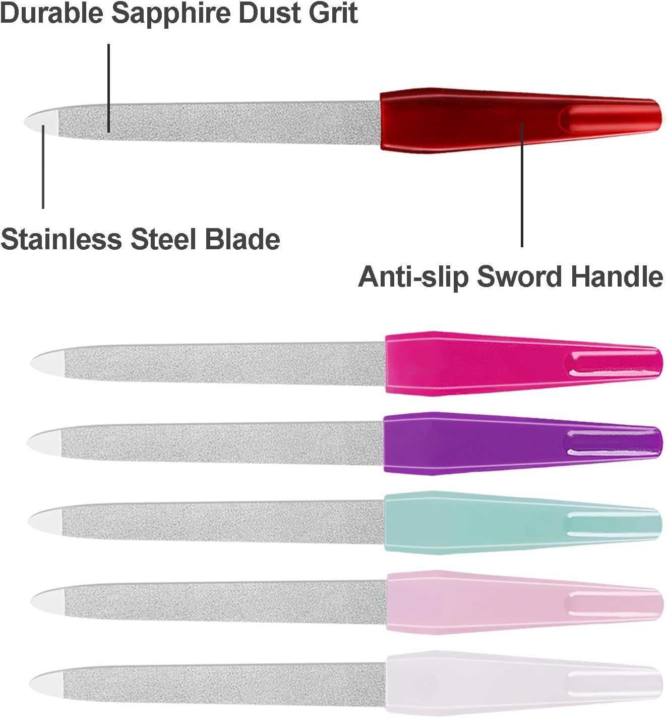 Nail Files for Natural Nails (6 PCs), Sword Metal Nail Files Made of Stainless Steel with Non Slip Handle, Double Sided Fingernail Files Sapphire Grit for Natural Nails Toenail Color Mix