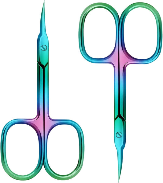 Nail Cuticle Scissors 2Pcs small scissors Stainless Steel Cuticle skin tag scissors Extra Fine Curved Color Manicure Scissors Nail Scissors Suitable for Eyebrows Eyelashes And Nail Trimming