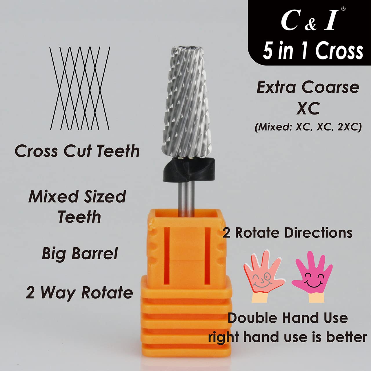C & I 5 in 1 Multi-function Tapered Shape Nail Drill, Cross Teeth Edition, Professional Drill Bit for Nail Manicure Machine (Extra Coarse - XC)