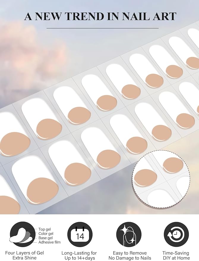 EBANKU 20Pcs Semi-Cured Gel Nail Strips,Terra Cotta Deep French Nail Sticker, Lasting Waterproof Full Wraps Stickers for Salon Manicures, Perfect for Women, Girl with File and Stick
