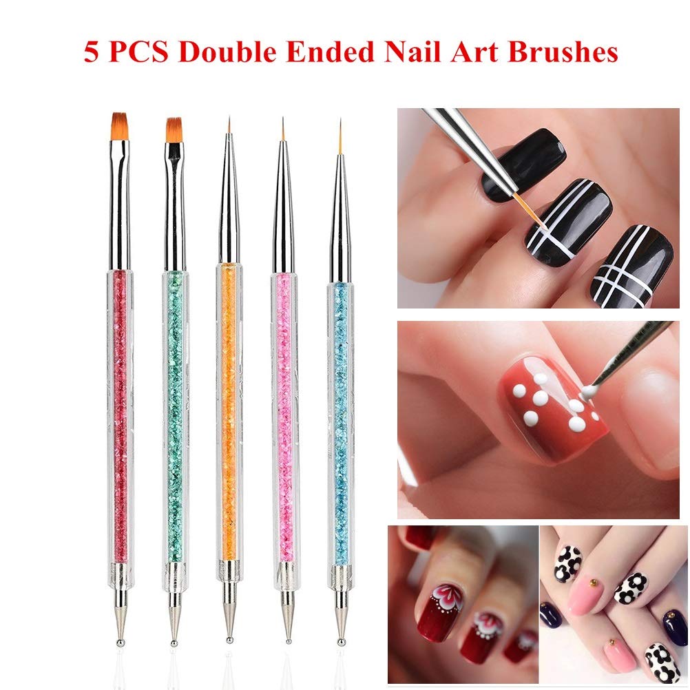 Pack of 5 Nail Art Brushes, Double-ended Nail Dotting Pen Liner Brush Nail Art Point Drill Drawing Tools Set