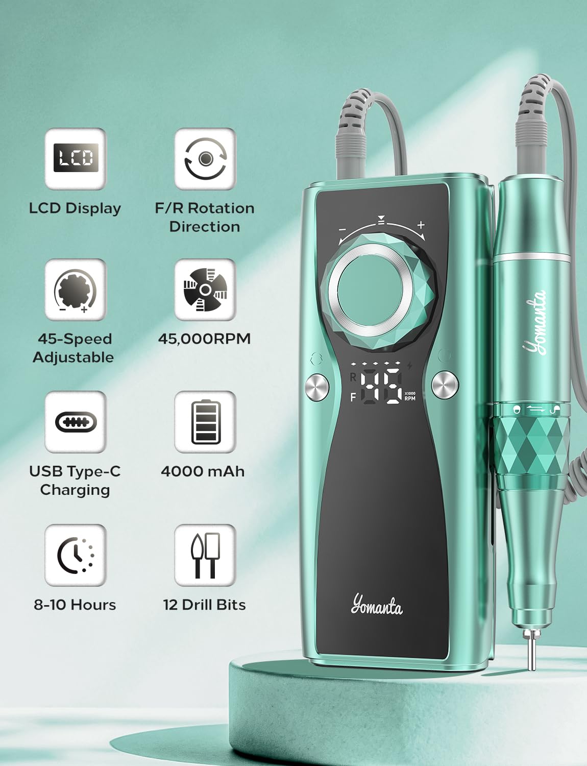 Electric Nail Drill Professional Kit: 45,000 RPM USB Rechargeable Efile Nail Drill Nail File with 12 Bits for Polishing Gel/Acrylic Nails- Portable Manicure Tool Set for Salon/Home-Green