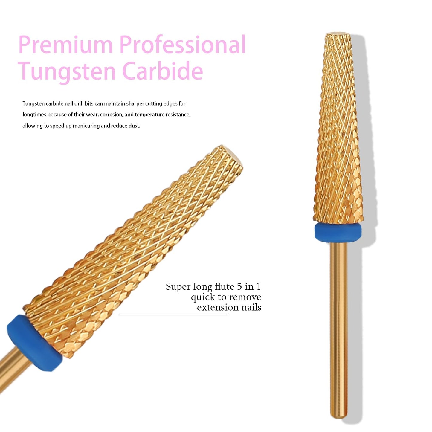 Super Long 5 in 1 Nail Drill Bits, Professional 3/32'' Carbide Tungsten Two Way Rotary Nail Cleaner Nail Bits, Suitable for Manicure Pedicure Cuticle Gel Polishing Acrylic Nails(Gold, Medium-M)
