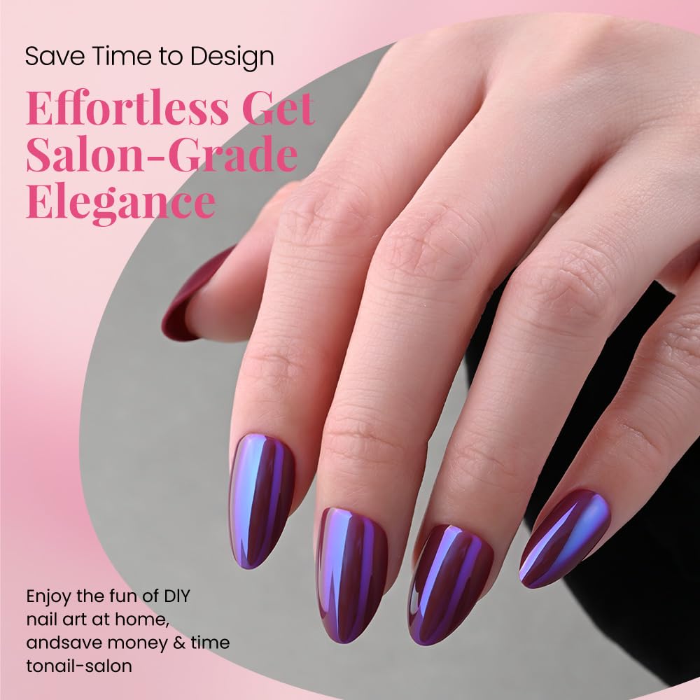 evpct Dark Purple Press on Nails Almond Short, Dark Purple Chrome Glazed Glossy Short Almond Soft Gel Press On Nails with Nail Glue for Women Gift, 15 Sizes 30Pcs Reusable Stick Acrylic Fake Nail Kit