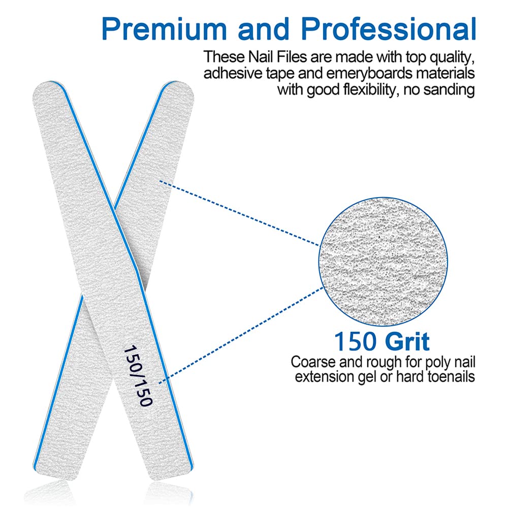 Nail Files 150/150 Grit, 12pcs for Poly Extension Gel, Emery Boards for Acrylic and False Nails, Coarse Manicure Pedicure Tools for Home Salon