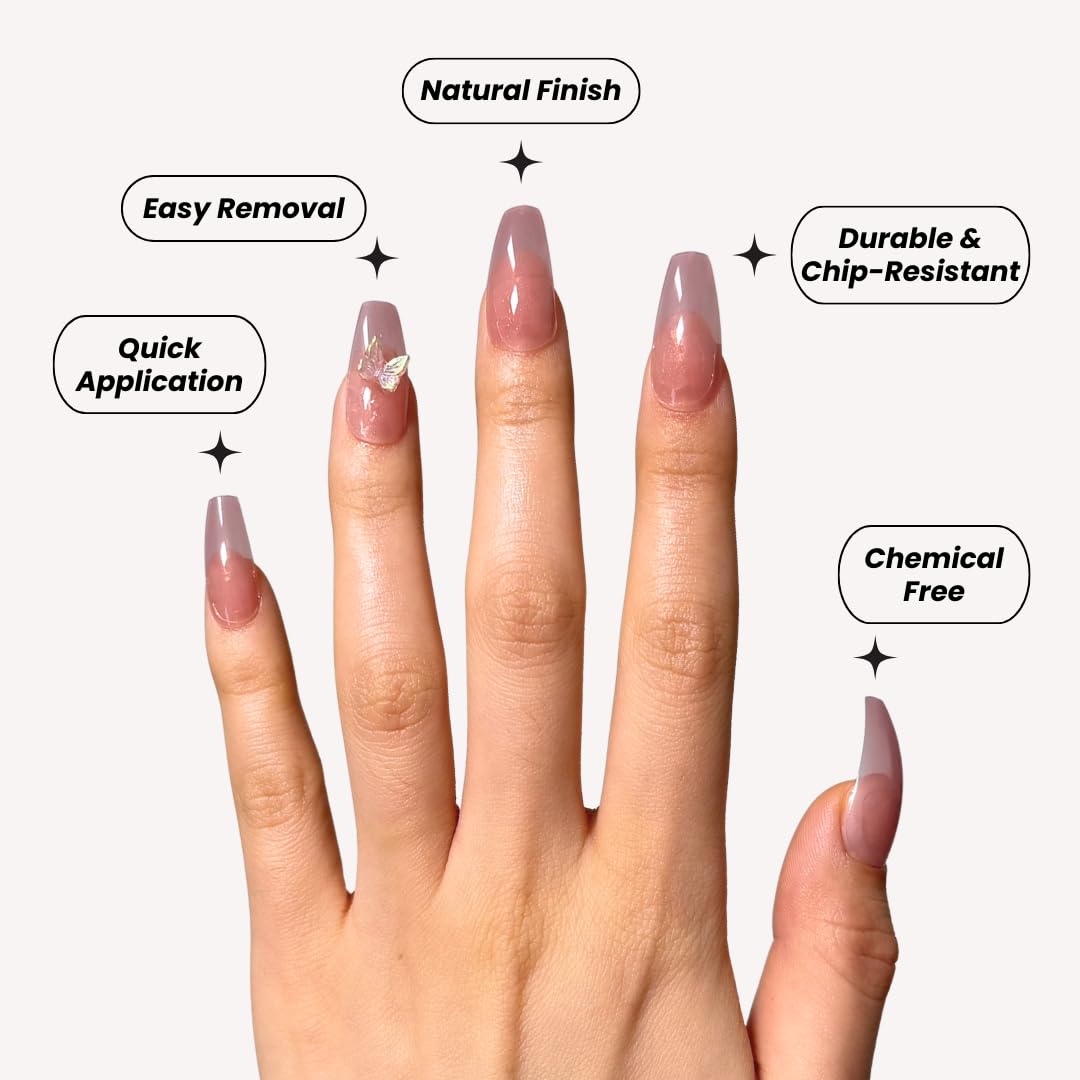 Perfect Look Press On Nails - Rose Wings | No Glue One-Day Glossy Pink Nude Coffin Nails with 3D Butterfly Accents - 24 Pcs Nail Kit with Adhesive Tabs