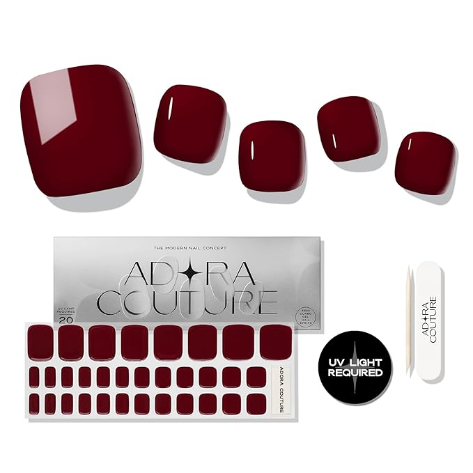 Semi Cured Gel Nail Strips - 32 pcs Gel Pedicure Stickers, Easy to Apply & Remove Toenail Stickers, Salon Quality at Home & Long Lasting - UV Nail Lamp Required - Dark Red P