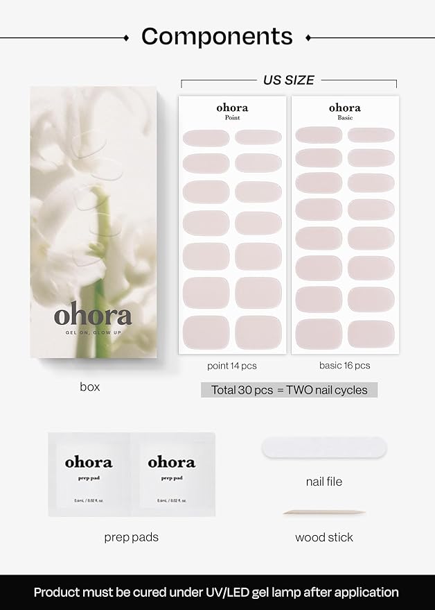 ohora Semi Cured Gel Nail Strips (N Glazed Glow) - White, Glazed, Works with Any UV/LED Lamps, Salon-Quality, Long Lasting, Easy to Apply & Remove - Includes 2 Prep Pads, Nail File & Wooden Stick