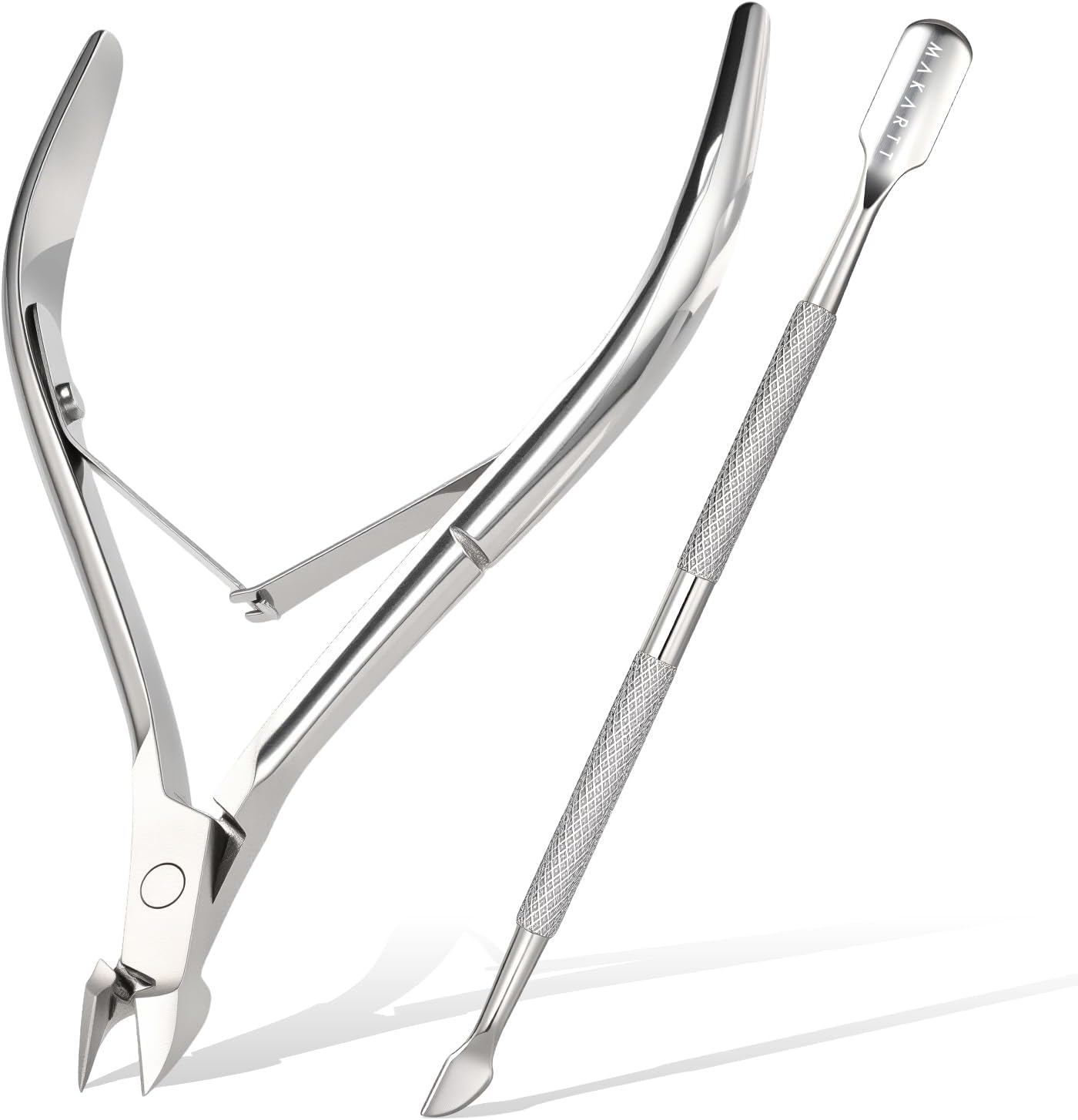 Makartt Cuticle Trimmer with Cuticle Pusher - Stainless Steel Cuticle Nipper with Dual Spring, Ergonomic Handle, 7mm Blade & Dual-Ended Pusher for Nail Care & Gel Removal, Silver