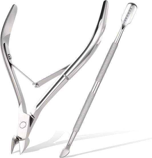 Makartt Cuticle Trimmer with Cuticle Pusher - Stainless Steel Cuticle Nipper with Dual Spring, Ergonomic Handle, 7mm Blade & Dual-Ended Pusher for Nail Care & Gel Removal, Silver