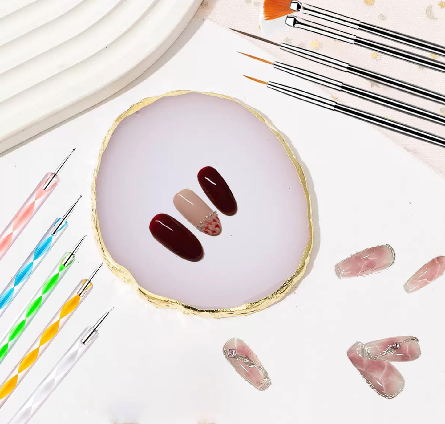 21Pcs Nail Art Design Tool Kits - 1 Resin Nail Art Palette, 5 Nail Art Dotting Pens, 15 Nail Art Brushes, Nail Polish Mixing Palette Double-Ended Dotting Pen Nail Liner Nail Drawing Brushes