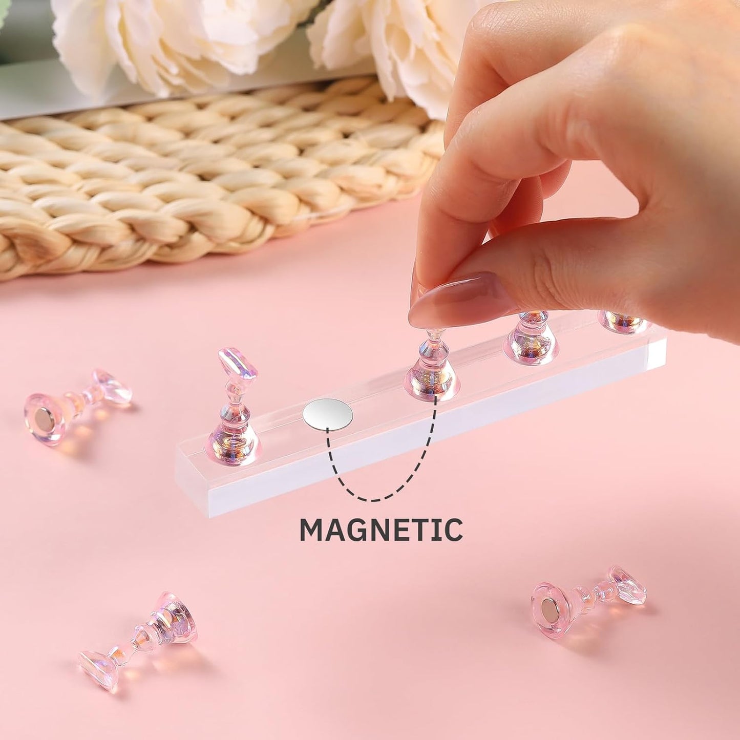 Etercycle Nail Stand for Press On Acrylic Nails Art Display Stand Nail Holder for Painting Magnetic Nails Stand with Double-sided Tape for Home DIY Salon Supplie (Pink)
