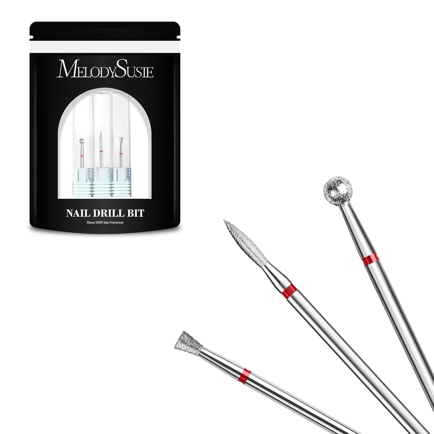 MelodySusie 3Pcs Cuticle Cleaner Nail Drill Bits Set, 3/32'' Safety Carbide Diamond Bits, Ball, Flame and Inverted Tapered Bits, Suitable for Cuticle Dead Skin Nail Prepare, Silver