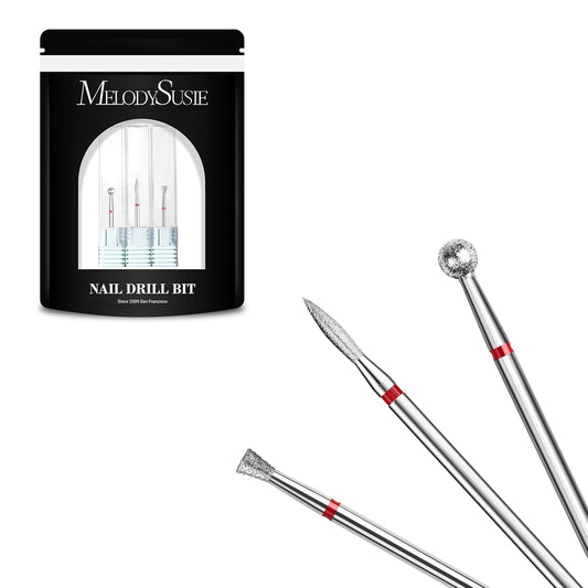 MelodySusie 3Pcs Cuticle Cleaner Nail Drill Bits Set, 3/32'' Safety Carbide Diamond Bits, Ball, Flame and Inverted Tapered Bits, Suitable for Cuticle Dead Skin Nail Prepare, Silver