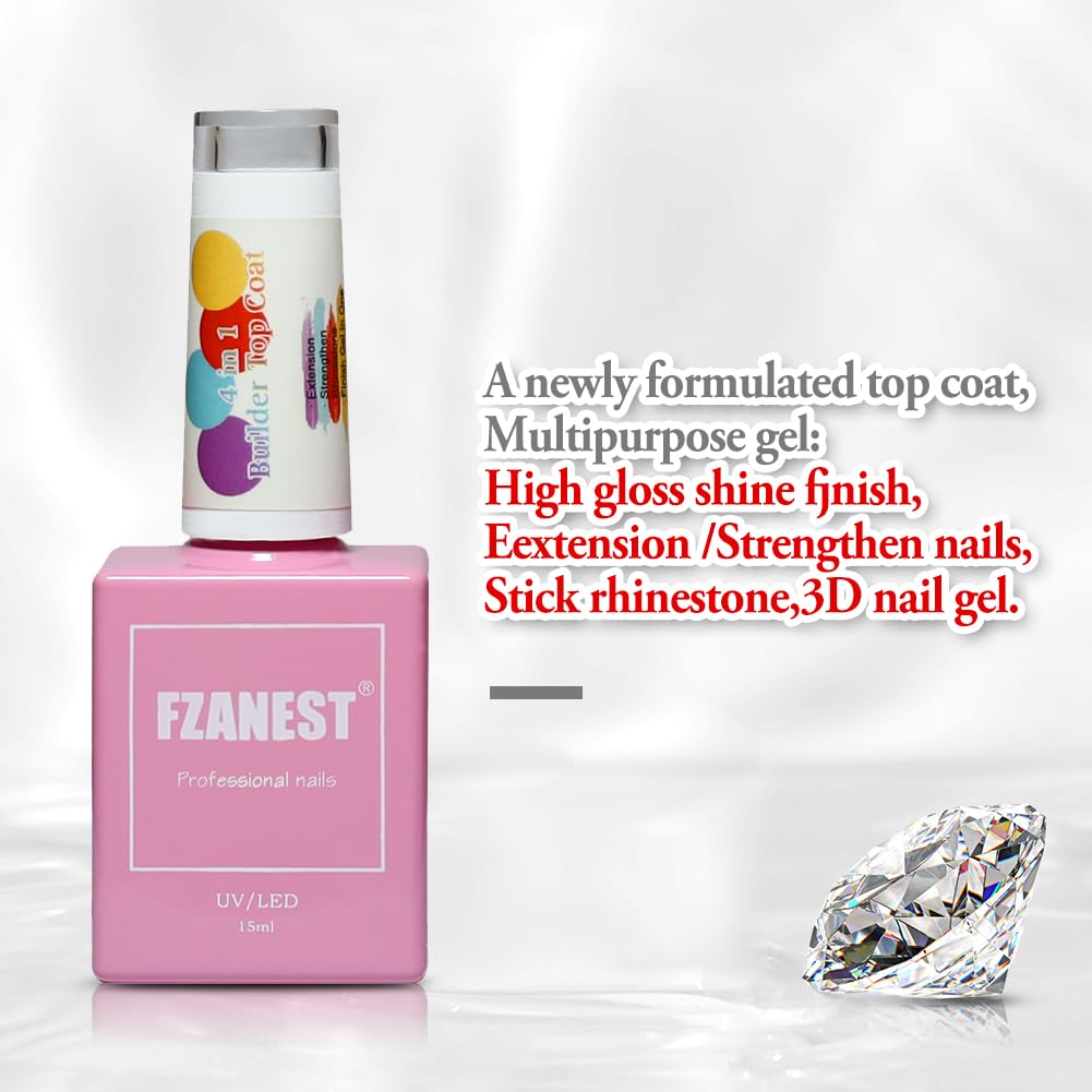 FZANEST Builder Gel Top Coat For Nails 15ml, 5 in 1 Non Wipe Builder Hard Gel in a Bottle, High Gloss Shine No Wipe Top Coat Rhineston Glue Nail Strengthen Extension