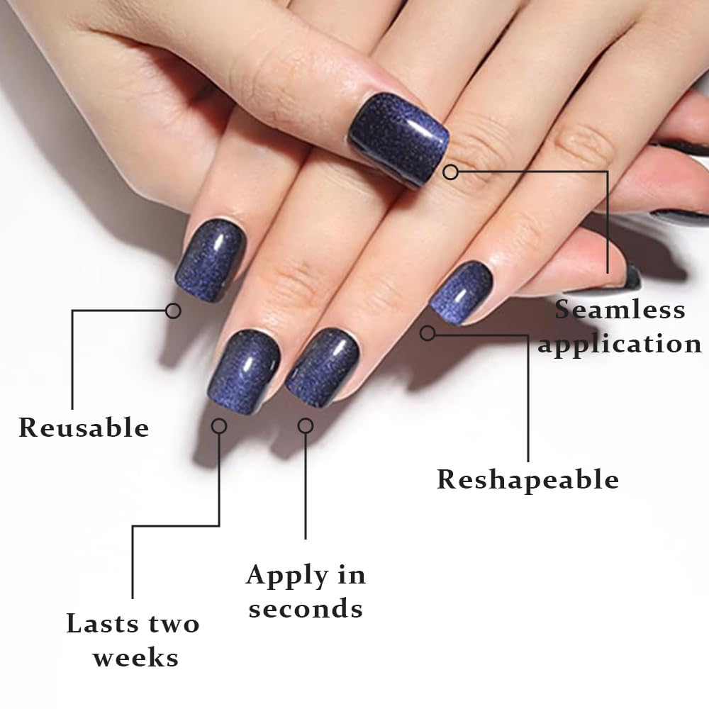 evpct Blue Cat Eye Extra Short Press on Nails Square, Petite Short Square Glue on Nails for Women Gift, Royal Blue Metallic Glitter Glossy Reusable Stick Gel Press on Acrylic Fake Nail with Designs