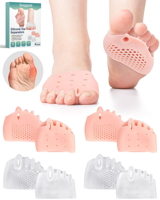 4 Pairs Silicone Toe Spacers Separators for Women Men Bunion Corrector, Hammertoe Straightener, Breathable Metatarsal Foot Support Pads Toe Cushions for Pain Relief (Beige and Clear)
