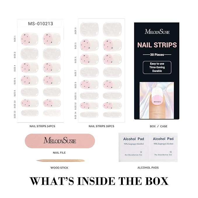 MelodySusie 30PCS Semi Cured Gel Nail Strips (Pearl White French Tips), Works with Nail lamp, Salon Quality, Long Lasting, Easy to Apply and Remove, Includes 2 Prep Pads, Nail File and Wooden Stick