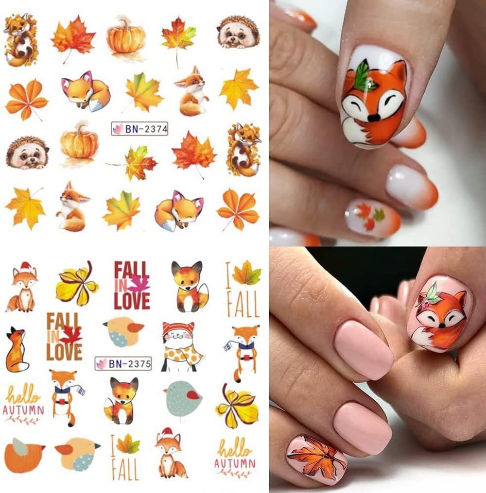 Fall Nail Art Stickers Autumn Nail Water Decals Maple Leaf Pumpkin Small Animals Thanksgiving Nail Stickers Water Transfer Foil Designs Nail Decals for Women Girls DIY Nail Decorations (12 Sheets)