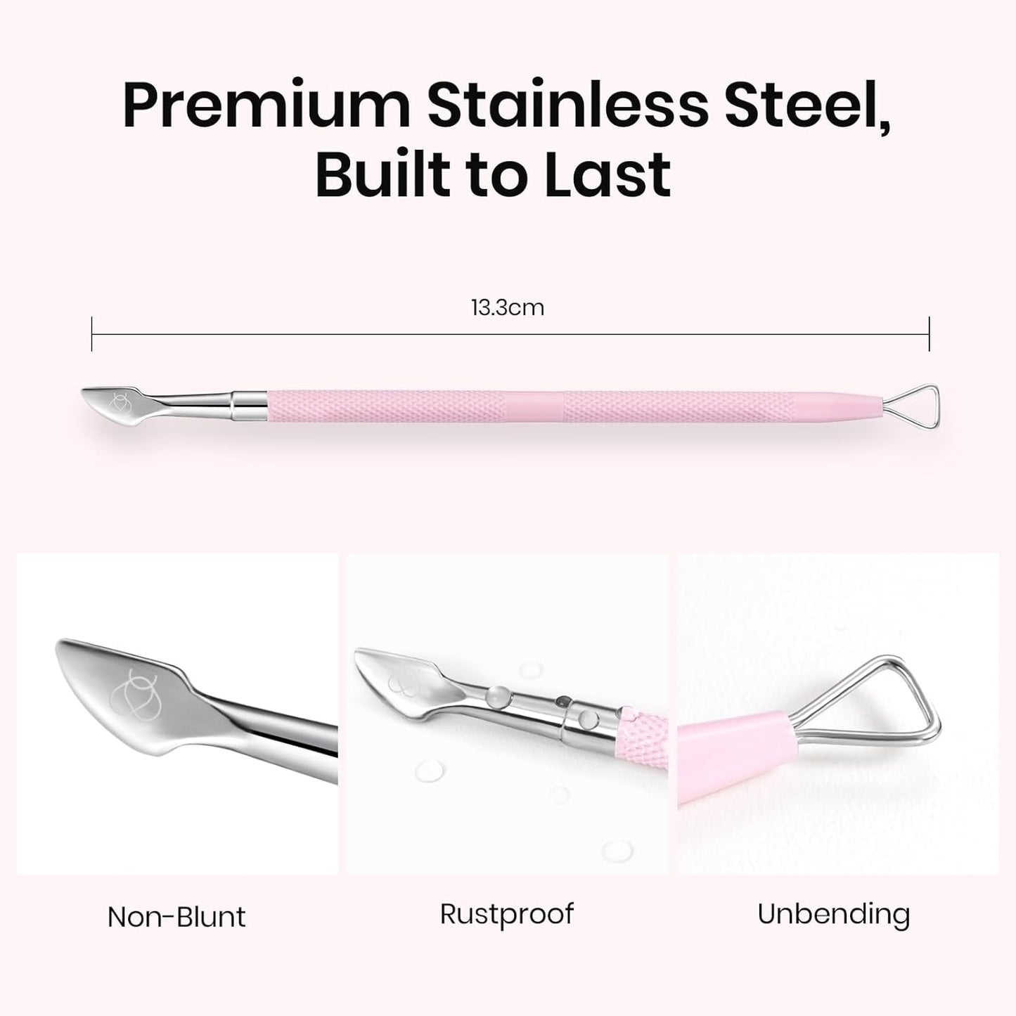 Beetles Gel Nail Remover Tool Dual-end Cuticle Pusher, Triangle End Remove Gel Polish Angled End Clean Crevice Dirt Two in One Tool Dead Skin Nail Scraper Stainless Steel Pink Remover Pusher