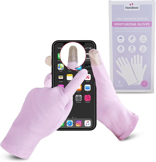 HandLove Premium 100% Cotton Gloves Moisturizing Gloves for Dry Hands & Eczema | Overnight Sleeping Gloves, Eczema Gloves | Reusable| Touchscreen, Purple, 2 Pairs