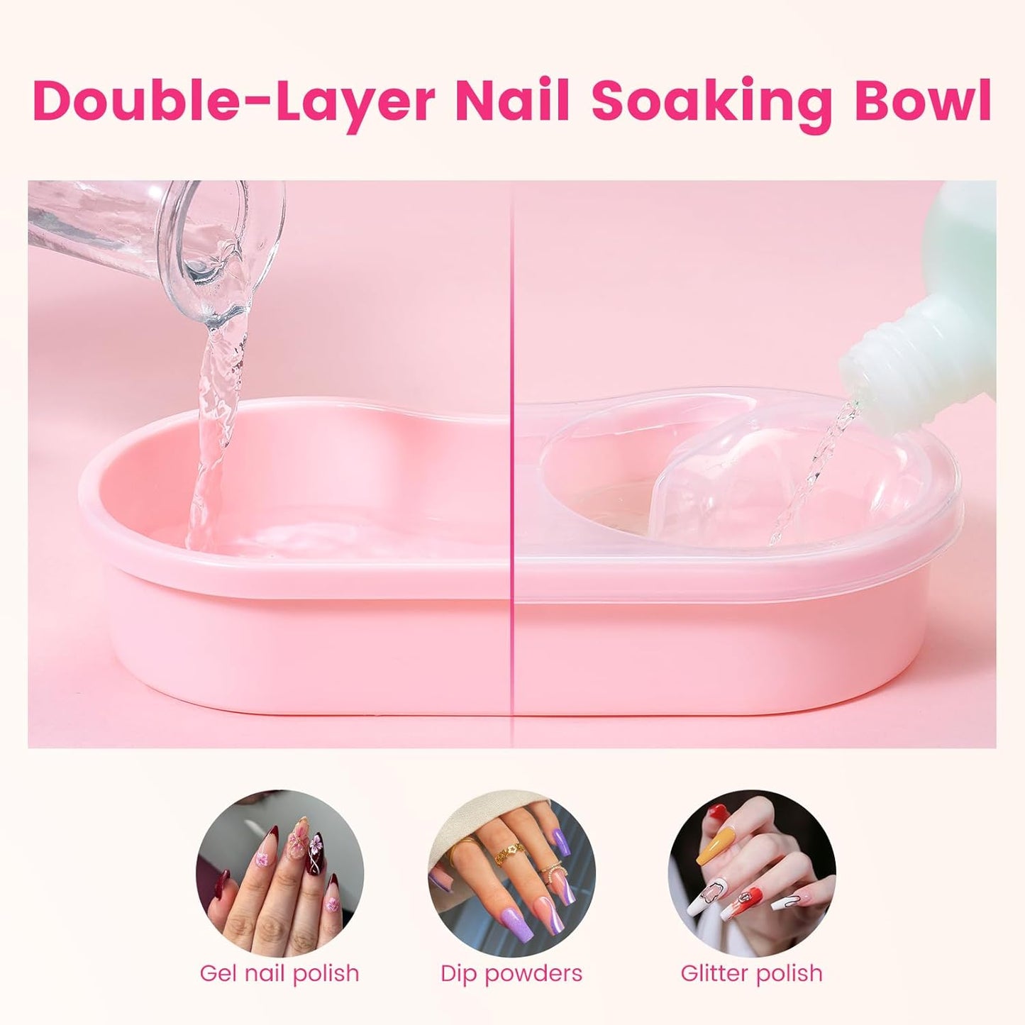 Dual Nail Soaking Bowl, Soak Off Gel Polish Remover Bowl for Home Users, Time Saver Manicure Bowl for Dip Powder/Gel/Acrylic Removal at Home & Salon, Pink