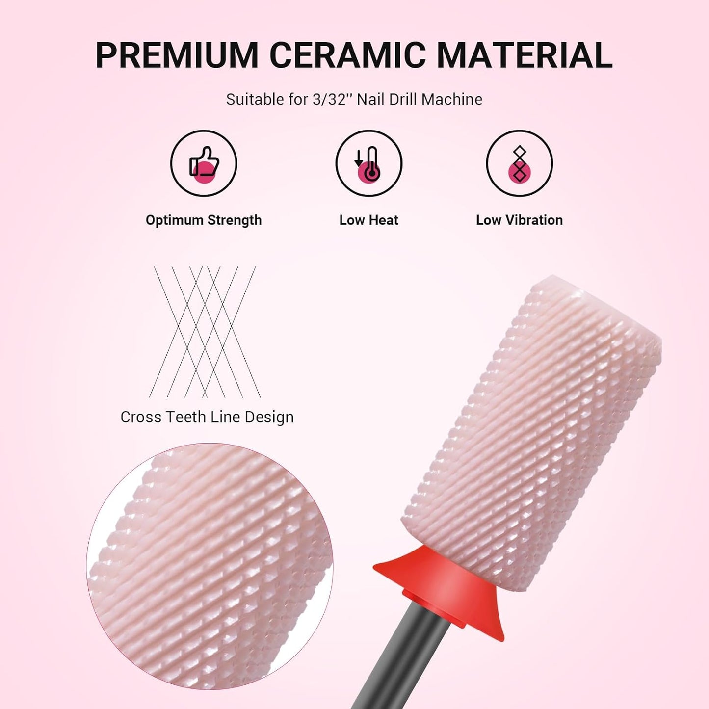 MelodySusie Ceramic Nail Drill Bits, 3/32'' Chamfer Flat Top Large Barrel Bits, Fast Remove Acrylic or Hard Gel, Nail Tool for Manicure Pedicure, Salon Home, Professional or Beginner, Pink, Fine