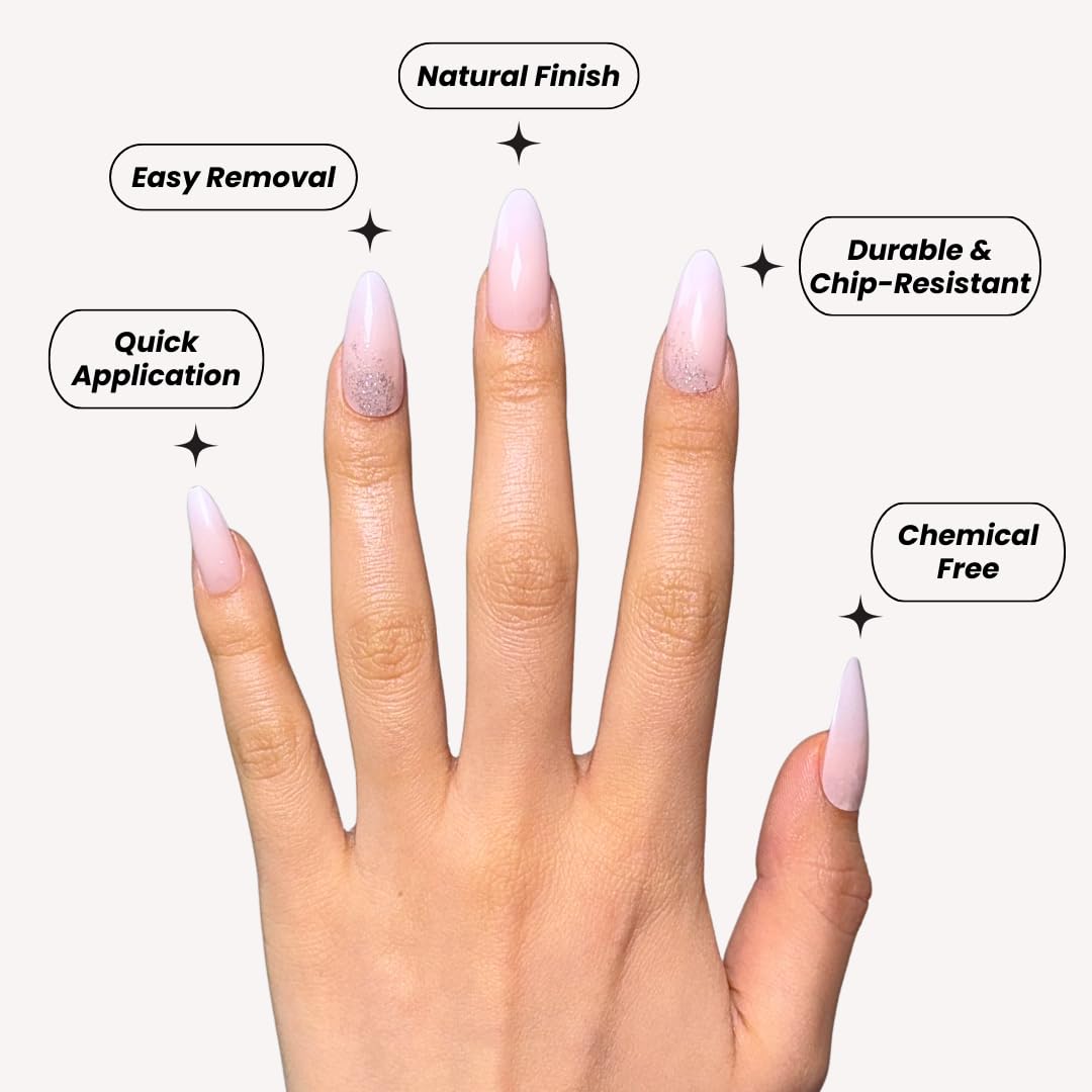 Perfect Look Press On Nails - Blush Sparkle | No Glue One-Day Nude Pink Almond Fake Nails with Glitter Tips for Weddings - 24 Pcs Nail Kit with Adhesive Tabs