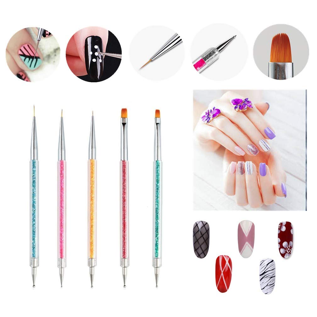 Pack of 5 Nail Art Brushes, Double-ended Nail Dotting Pen Liner Brush Nail Art Point Drill Drawing Tools Set