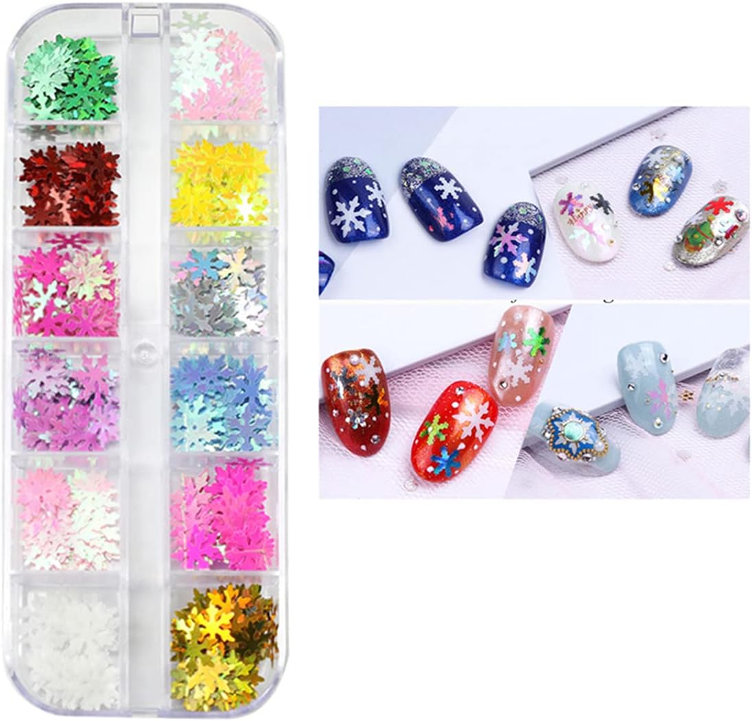 12 Colors Christmas Nail Art Glitters Snowflakes Nail Sequins 3D Nail Art Decals Holographic Laser Nail Flakes Stickers Acrylic Nails Design Glitter Xmas Nail Art Supplies Decorations