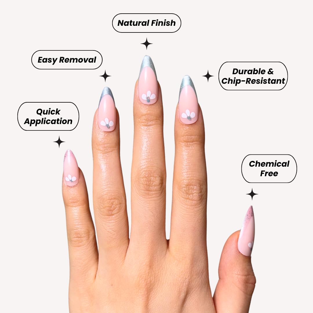 Perfect Look Press On Nails - Chrome French | No Glue One-Day Almond Nails, Floral Nails with Metallic Silver Tips - 24 Pcs Nail Kit with Adhesive Tabs