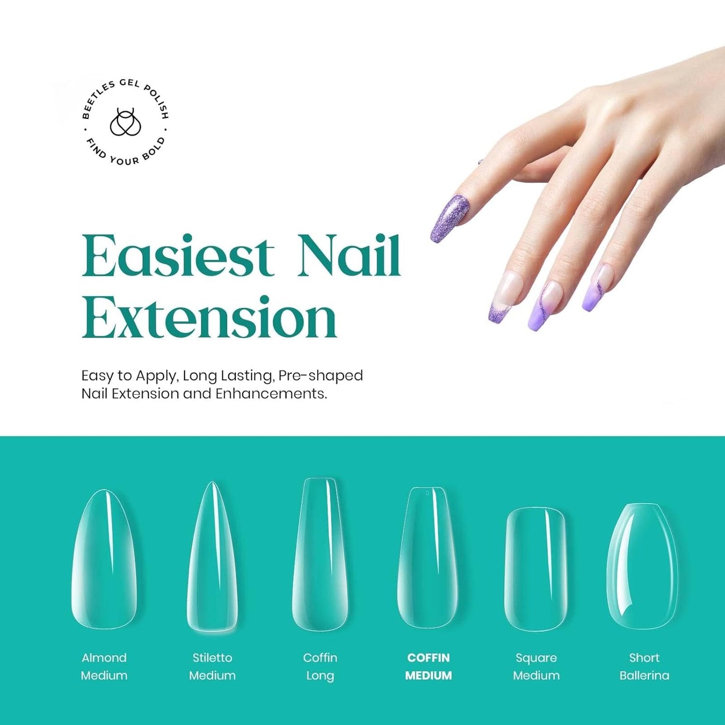 Beetles Gel Nail Tips 500Pcs Medium Coffin Pre Shaped Clear Full Cover False Nails Press on for Gel Art Polish Soak Off Lamp Easy Nail Extensions Acrylic