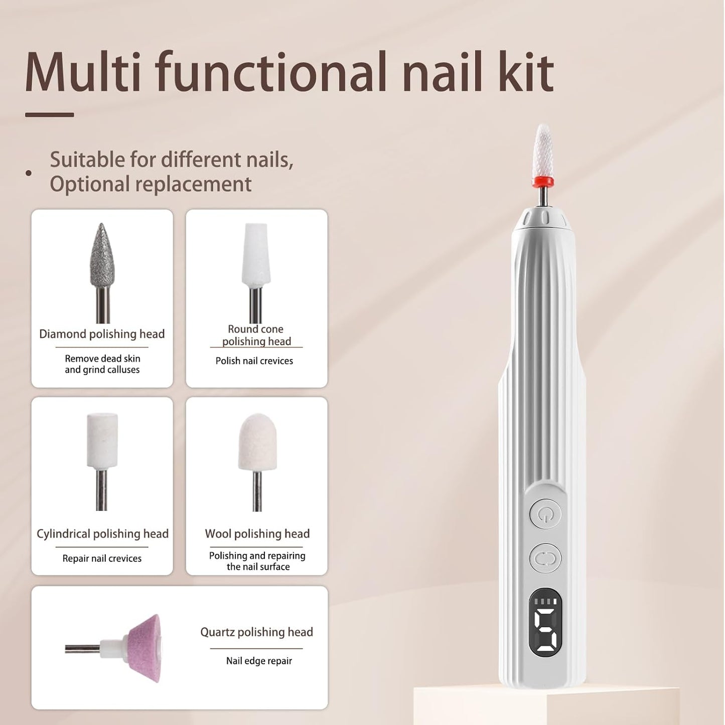 Portable Nail Drill Electric Nail File with UV LED Nail Lamp, 12 Drills and Rechargeable Base, 5 Speeds Hand Foot Care Tool for Grind Trim Polish