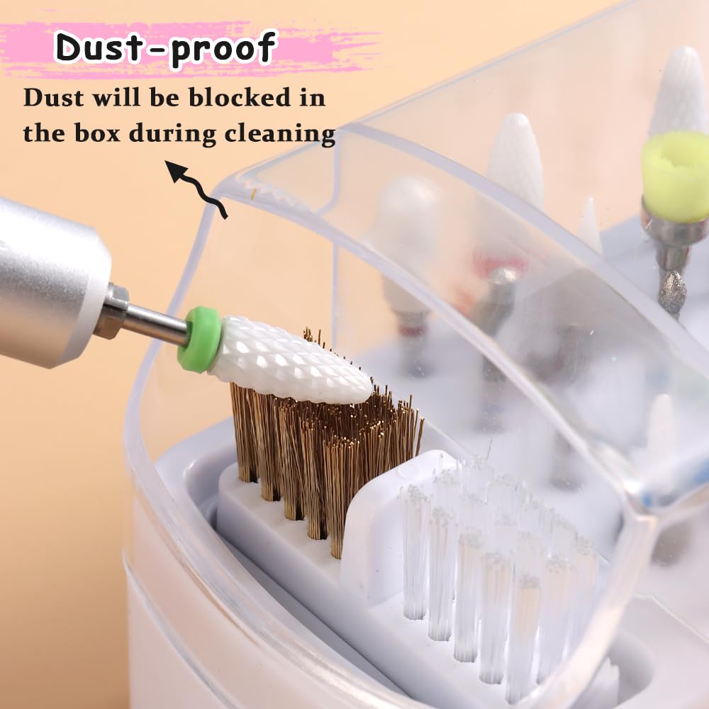 2 in 1 Nail Drill Bits Holder and Nail Drill Bits Cleaner Brush Case, 30 Holes Dustproof Stand Display Organizer Container with Steel Wire & Nylon Double Brush Manicure Drill Clean Tools