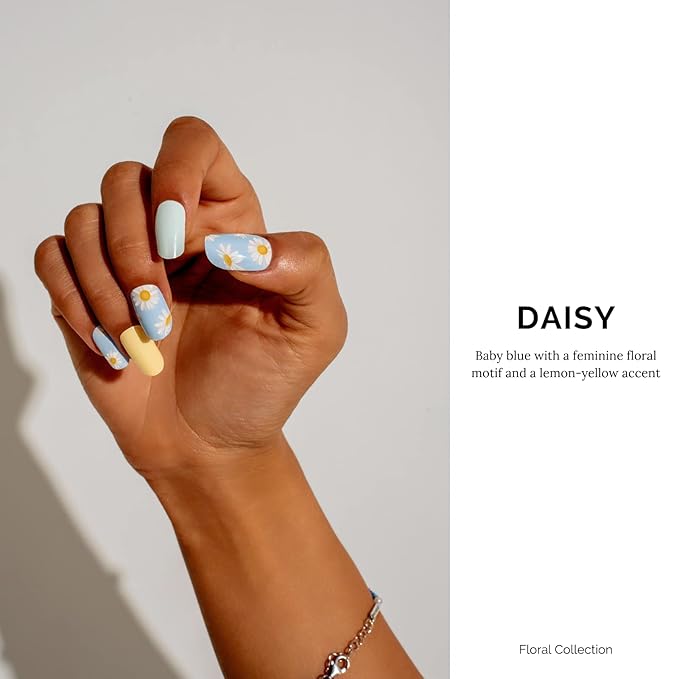 Nailog Semi Cured Gel Nail Strips 34 pcs | Long Lasting Nail Polish Sticker Wraps with Glossy Gel Finish | Daisy