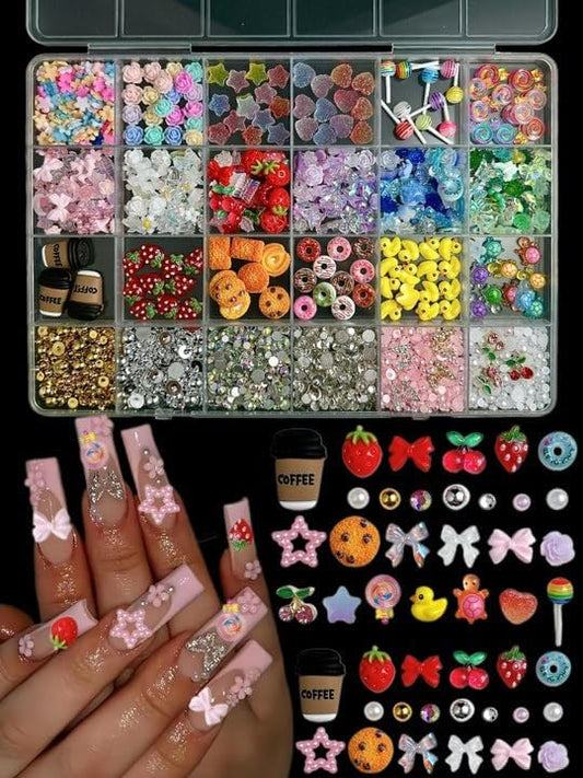 Mixed Colours Flower Nail Charms, Cute Strawberr Candy Star Heart Bow Charms for Nails, Alloy Cherry Gold Bead White Pearl Nail Art Designs for Nail Decorate DIY Craft Body Face Craft and Salon Use