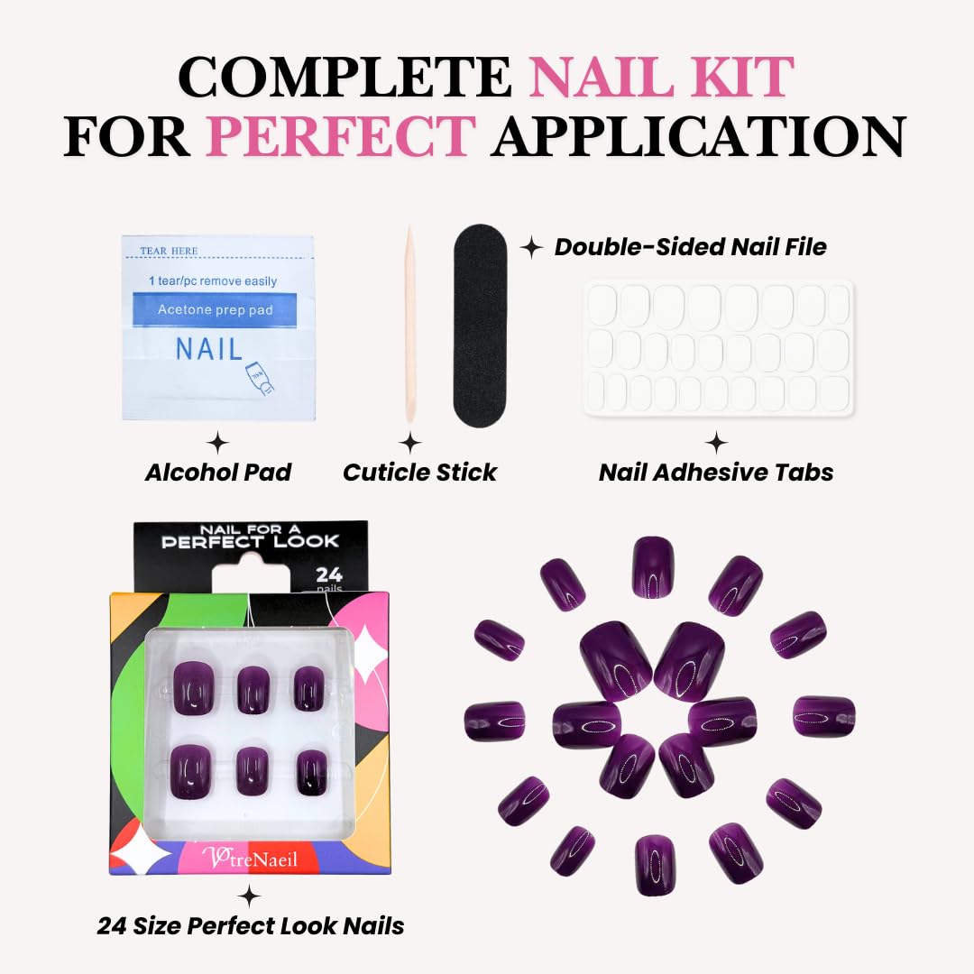 Perfect Look Press On Nails - Velvet Plum | No Glue One-Day Short Squoval Nails, Glossy Deep Purple Nails for Daily Wear - 24 Pcs Nail Kit with Adhesive Tabs