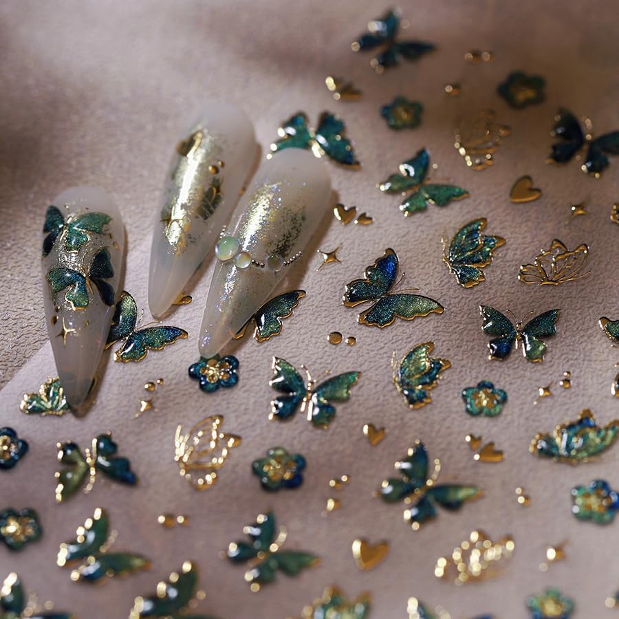 5D Butterfly Nail Art Sticker Decals Crystal Soft Self Adhesive Embossed Spring Nail Stickers Design Gold Red Green Butterfly Nail Decals Supplies Accessories 2 Sheet